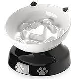 Y YHY Ceramic Cat Slow Feeder, Elevated Cat Food Bowl Tilted Design, Dog Slow Feeder Bowl no Black Chin, Cat Shape Slow Feeder for Dry and Wet Food