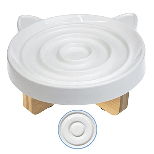 Raised Cat Dog Slow Feeder Bowl with Stand, Cat Bowls for Slow Eating, Ceramic Elevated Slow Feed Cat Bowls, Pet Bowl for Cat and Dog, Cat Puzzle Feeder for Healthy Eating Diet, 3'' High, 8.5'' Wide