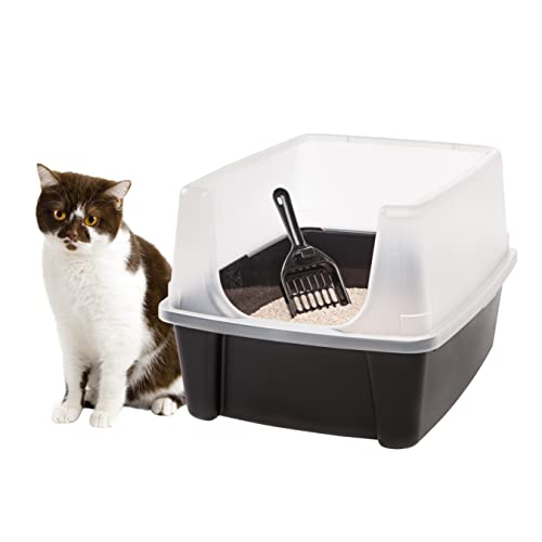 IRIS USA Large Cat Litter Box with Scatter Shield and Scoop, Open Top High Sided Cat Litter Pan, Black