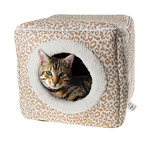 Cat Pet Bed Cave- Indoor Enclosed Covered Cavern/House for Cats Kittens and Small Pets with Removable Cushion Pad by PETMAKER, Tan/White Animal Print 13x12x12