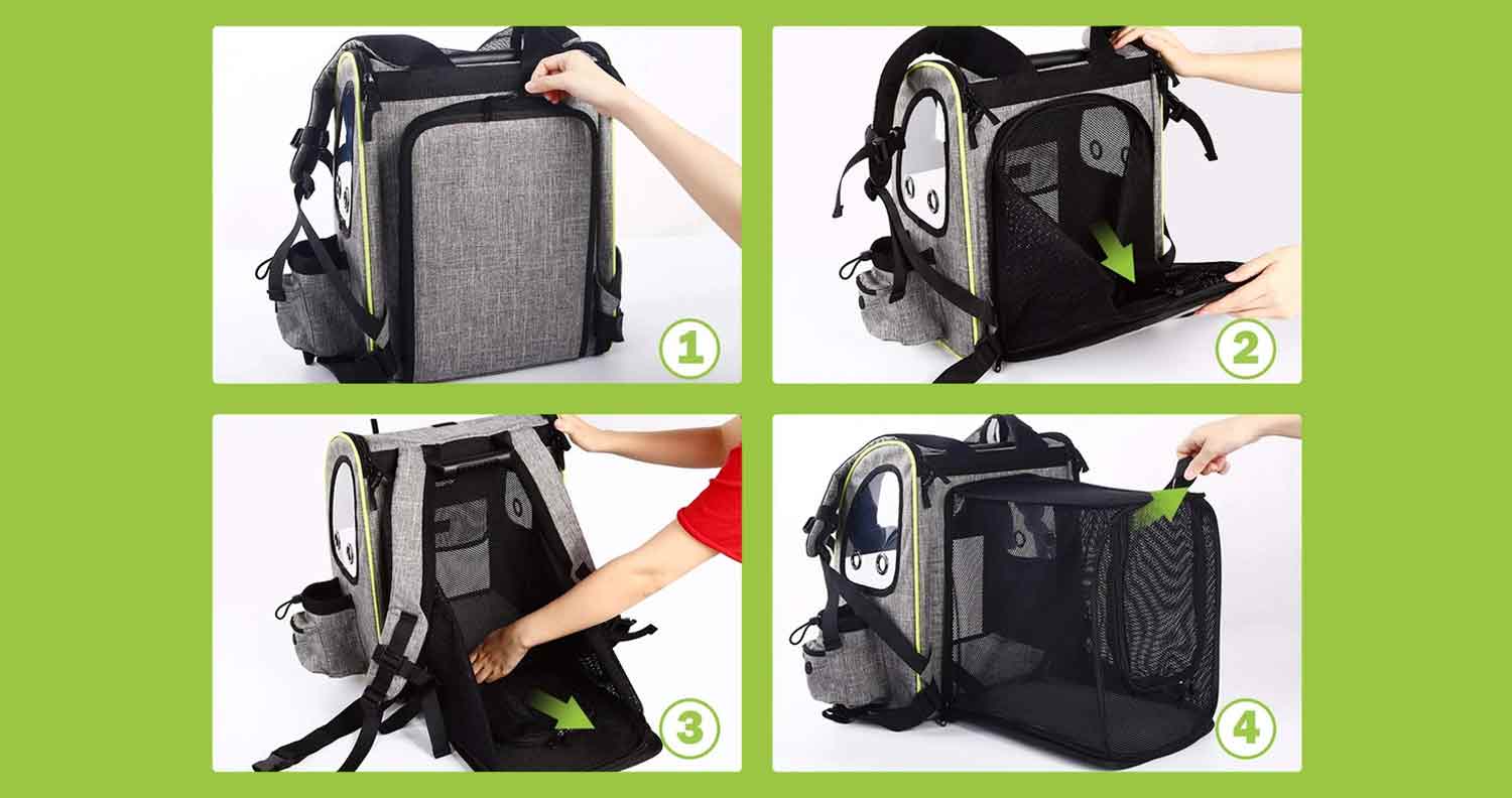 image showing how the pecute cat carrier backpack unfolds
