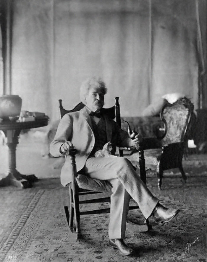 cat with mark twain on rocking chair