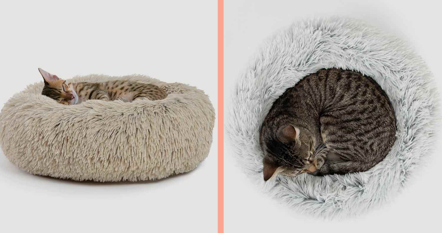 cat asleep in Ultimate Donut Cat Bed: Original Calming Shag Vegan Fur